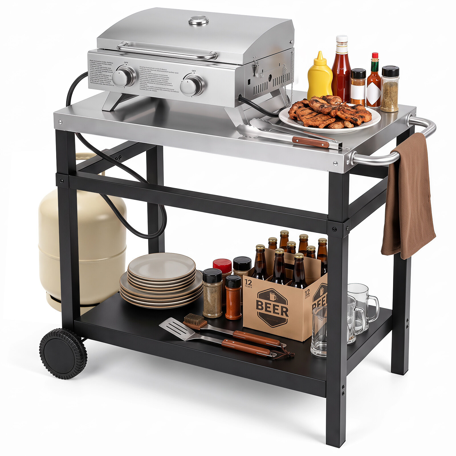 86 cm x 51 cm kahe riiuliga grilllaud terasest pealispinnaga - must