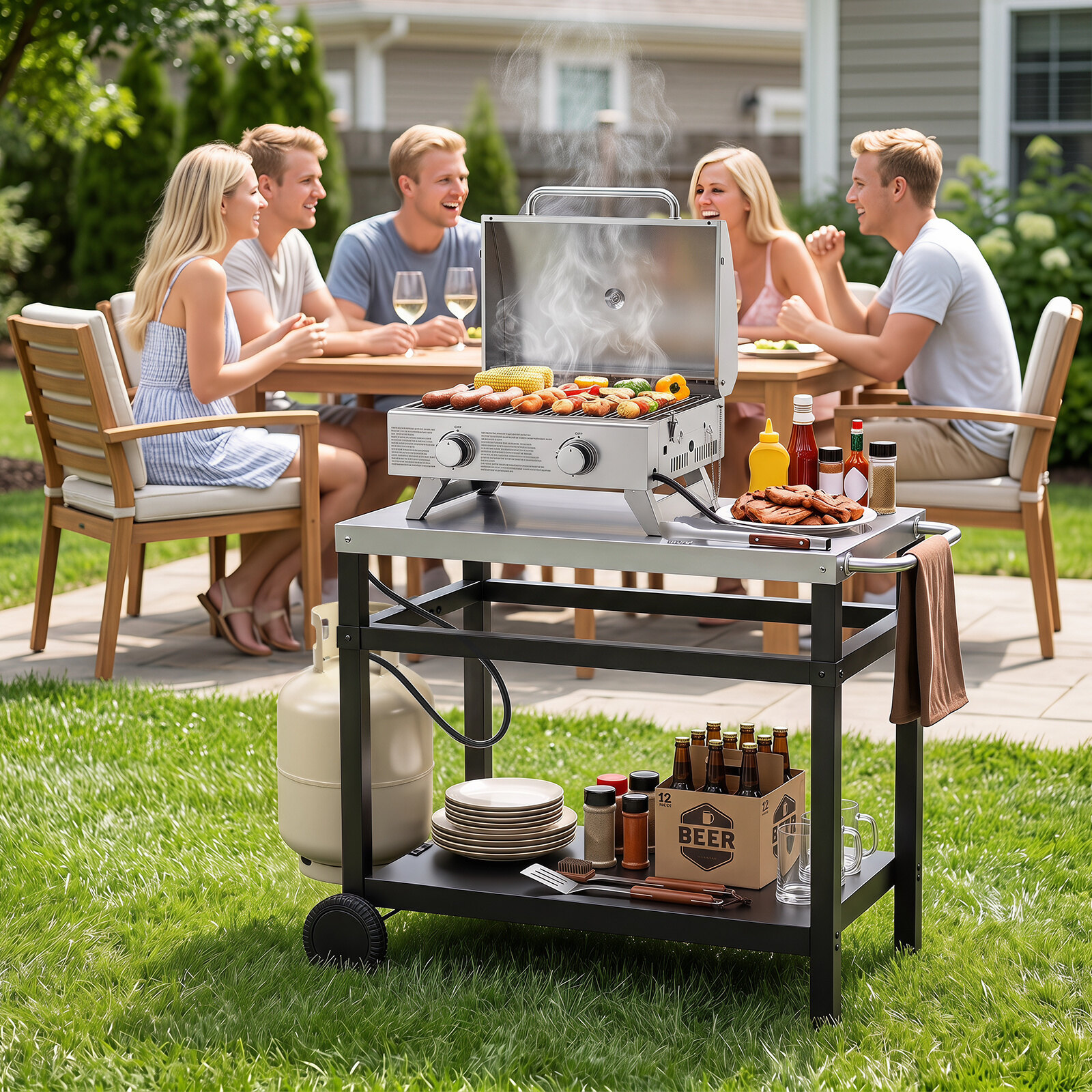 86 cm x 51 cm kahe riiuliga grilllaud terasest pealispinnaga - must
