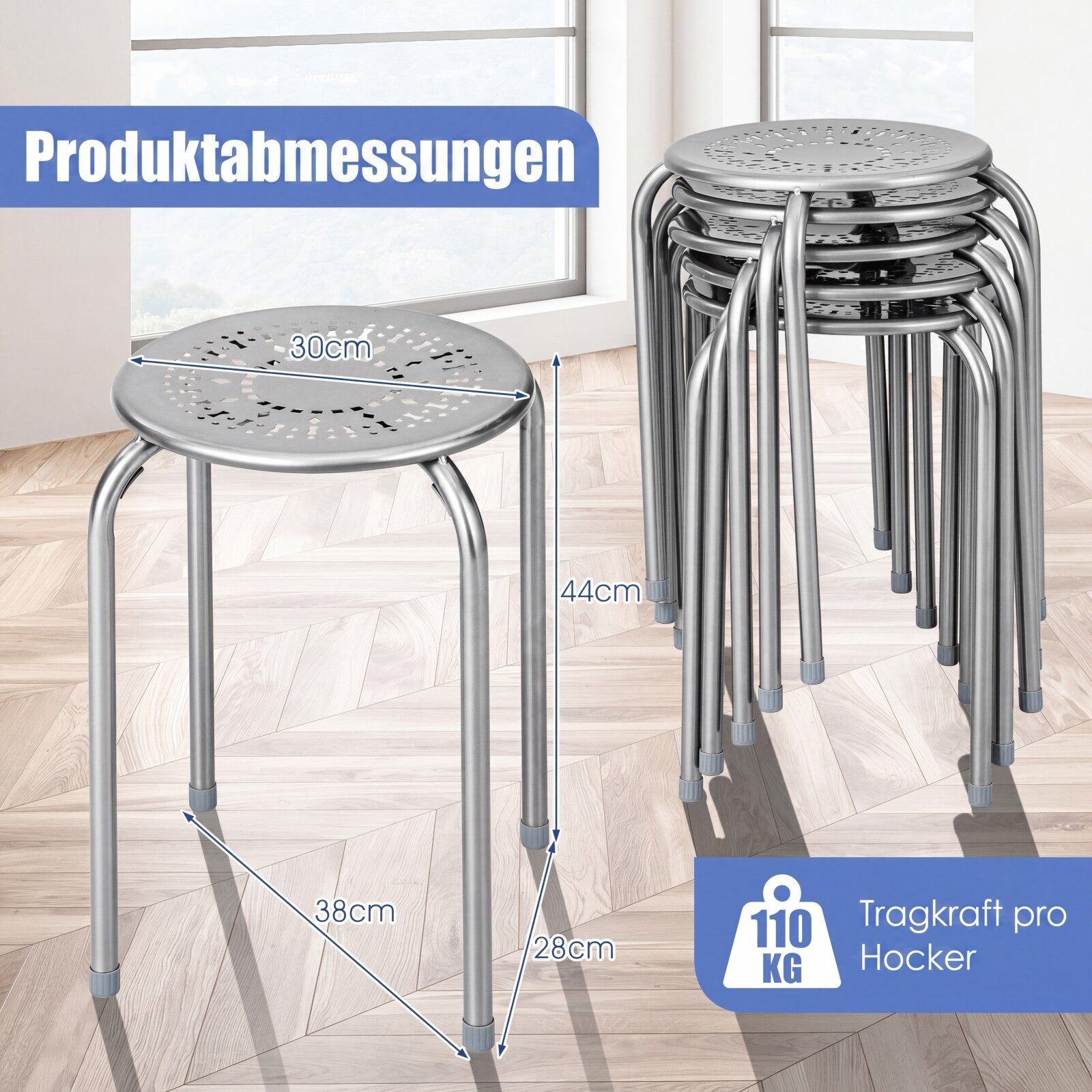 6 virnastatavat multifunktsionaalset karikakarde kujundusega seljatoeta ümmargust metalltaburetikomplekti - hall