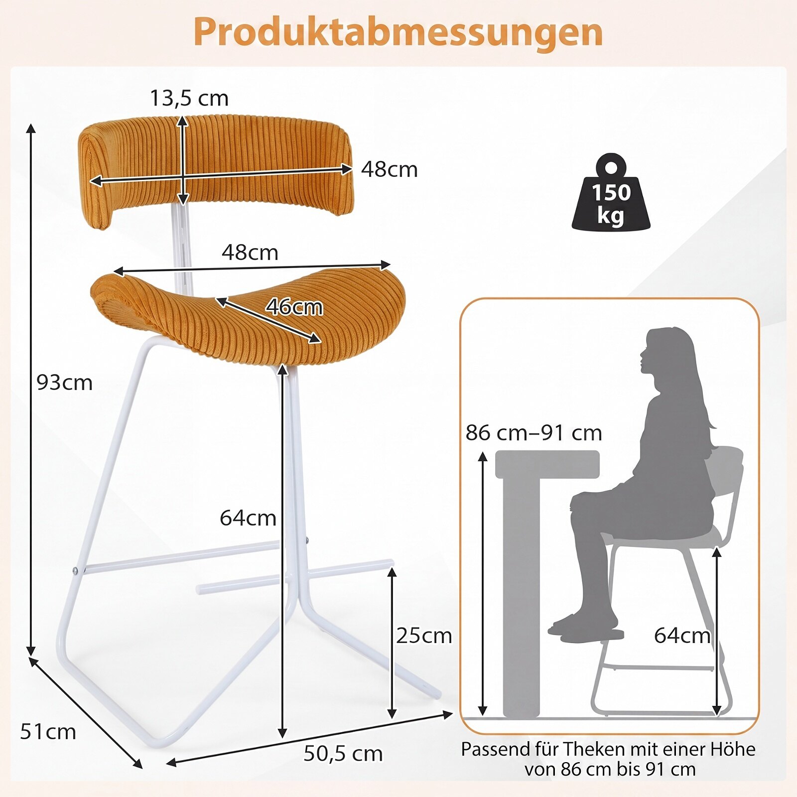 2 baaritooli komplekt, 64 cm, käetugedeta baaritoolid polsterdatud istme ja jalatoega – oranžid