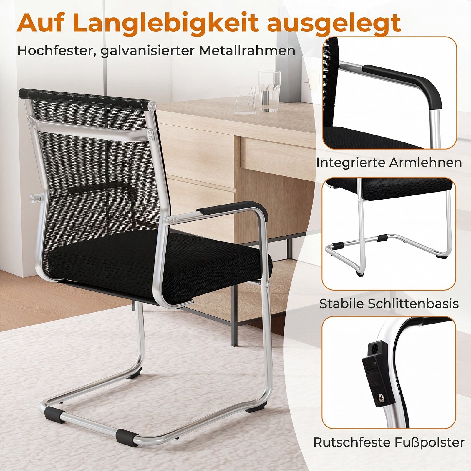 2 külalistooli komplekt kontorisse metalljalaga – must