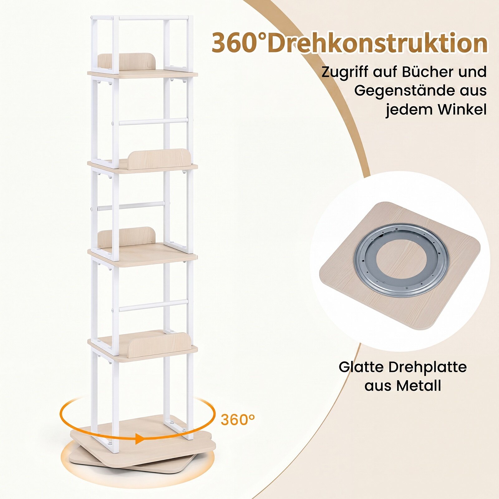 5-astmeline pöörlev raamaturiiulitorn 360° pöörde ja külgsiinidega väikestele ruumidele - tamm