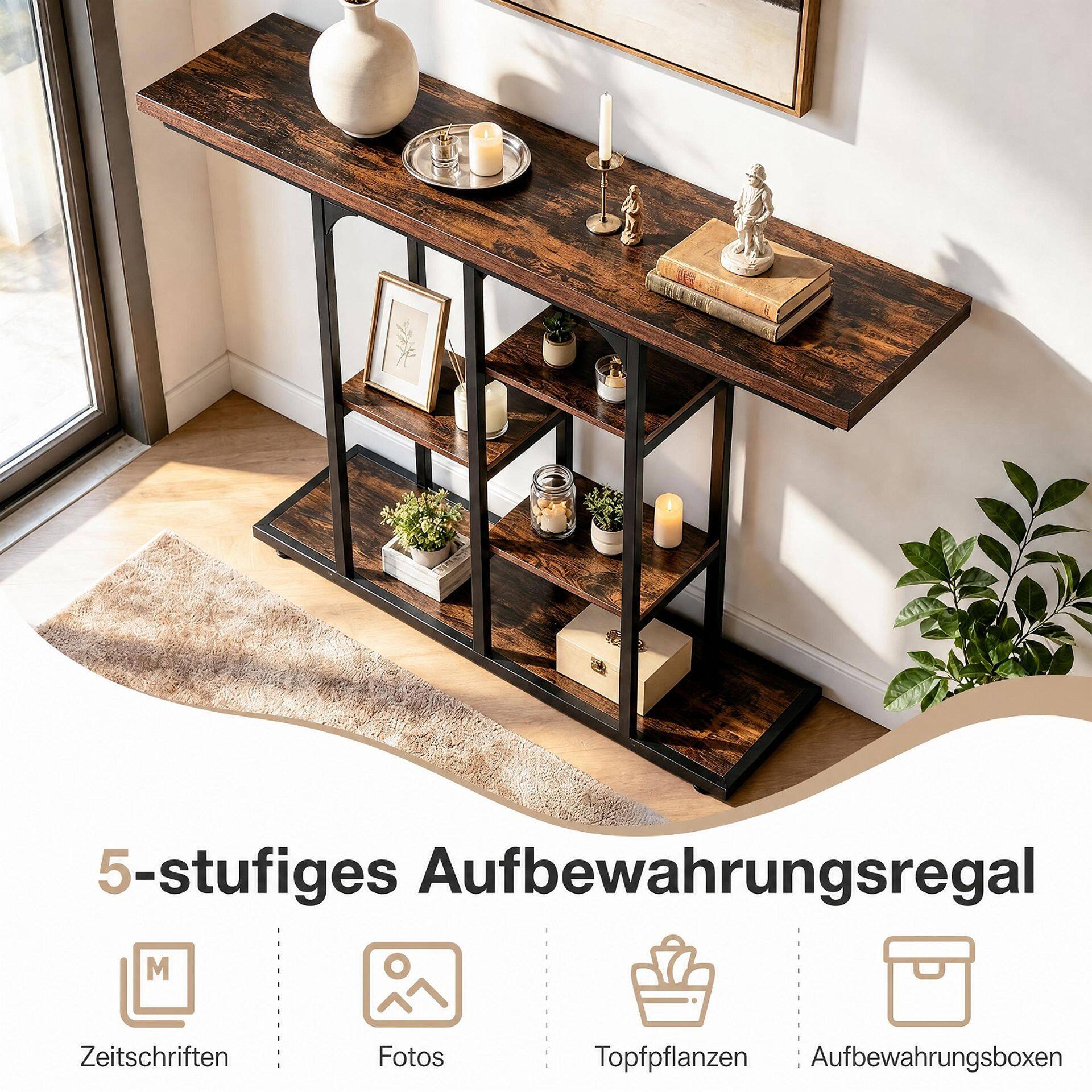 109 cm Console Table with Storage Shelves-Rustic Brown