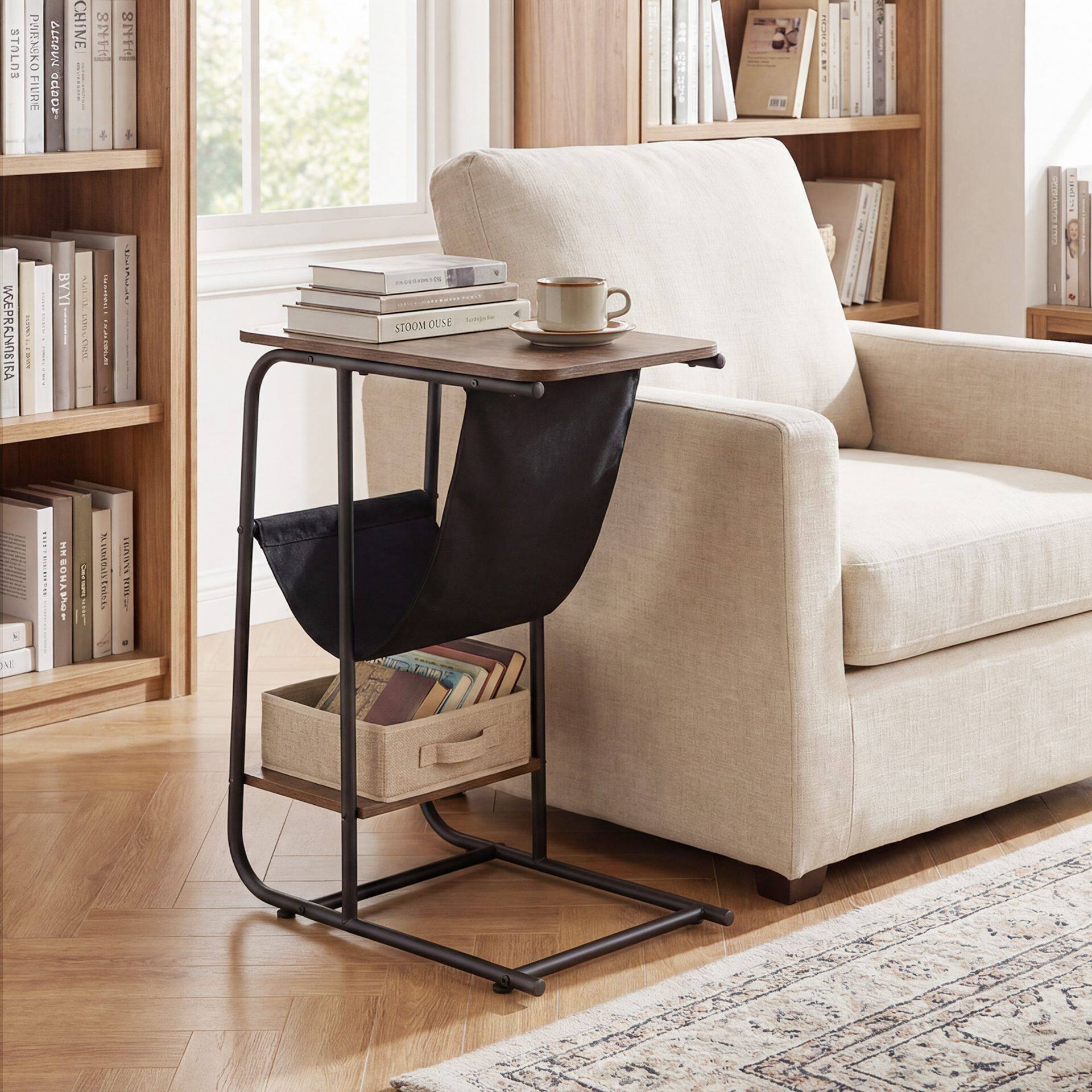 C-Shaped End Table with Canvas Book Holder for Small Spaces-Rustic Brown C-Shaped End Table with Canvas Book Holder for Small Spaces-Rustic Brown
