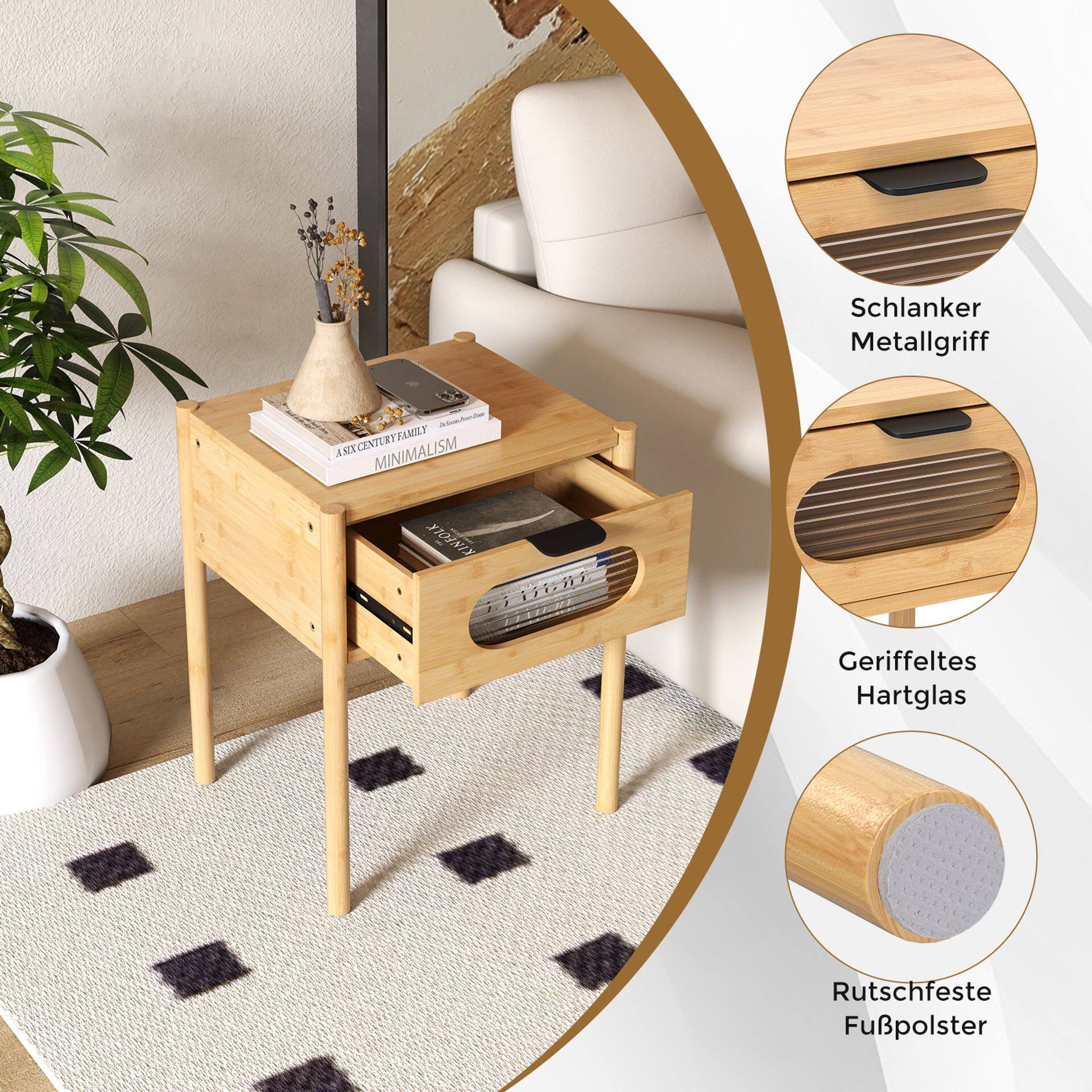 Set of 2 Country Style Bamboo Nightstands with Tempered Glass Drawer, Sturdy Multifunctional Bamboo Nightstand for Small Spaces Set of 2 Country Style Bamboo Nightstands with Tempered Glass Drawer, Sturdy Multifunctional Bamboo Nightstand for Small Spaces