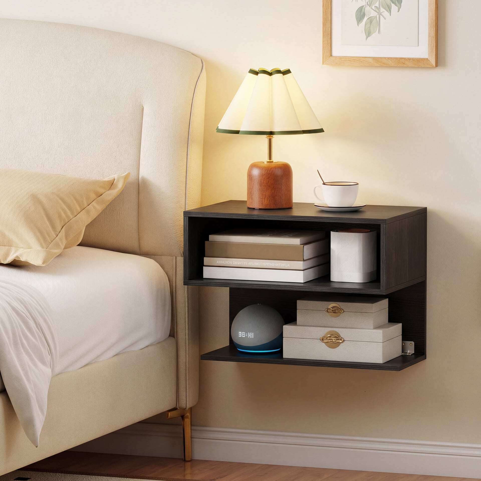 Wall Mounted Bedside Table with Storage Shelves-Black Wall Mounted Bedside Table with Storage Shelves-Black