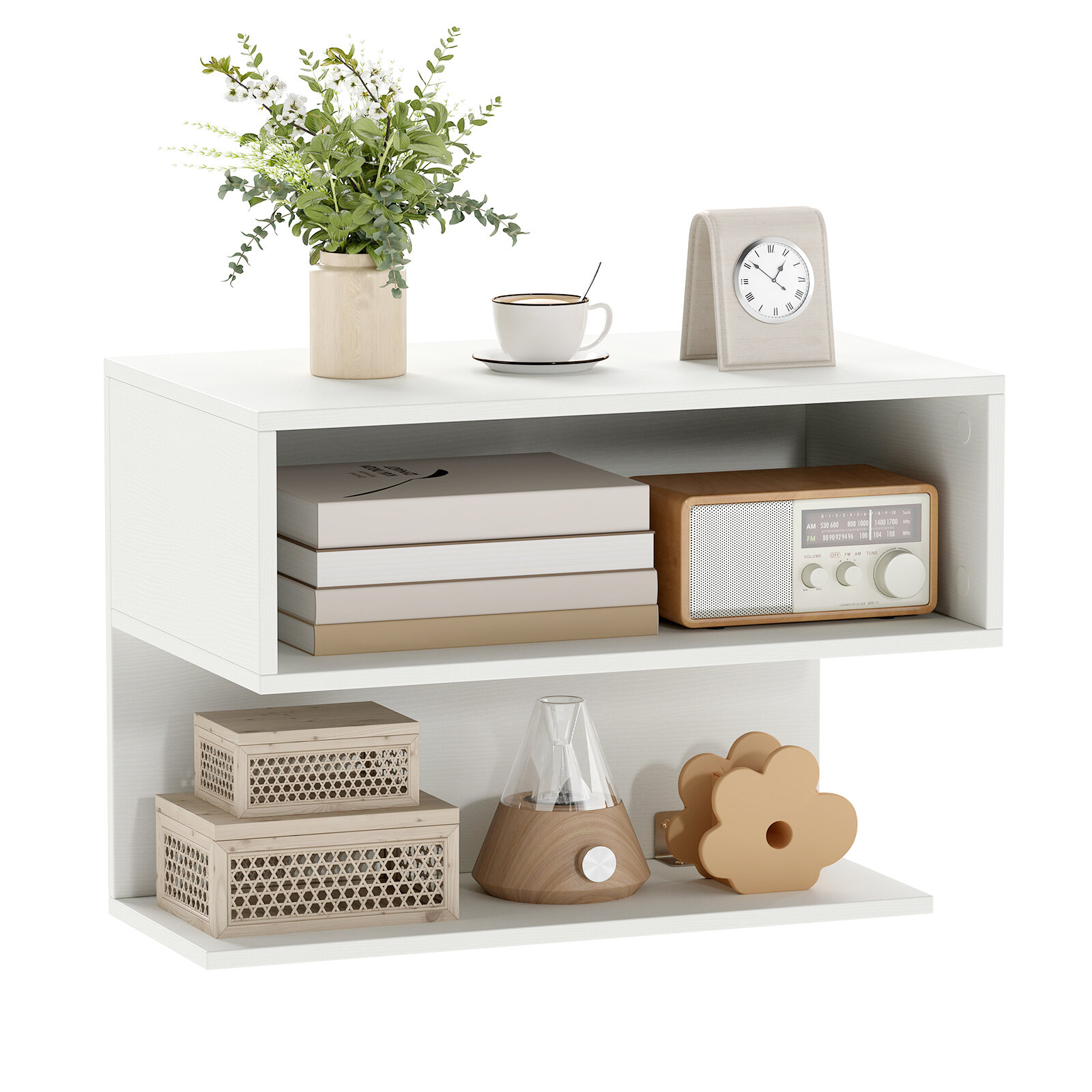 Wall Mounted Bedside Table with Storage Shelves-White Wall Mounted Bedside Table with Storage Shelves-White