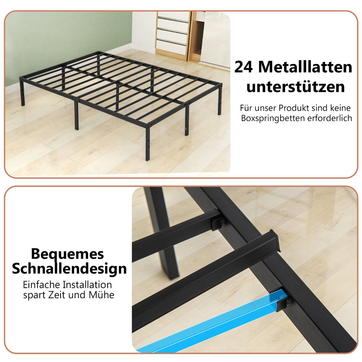 36 cm kõrge kuningasuuruses voodiraamiga, metallplatvormvoodi liistudega, voodi all panipaigaga, madratsi alus, must