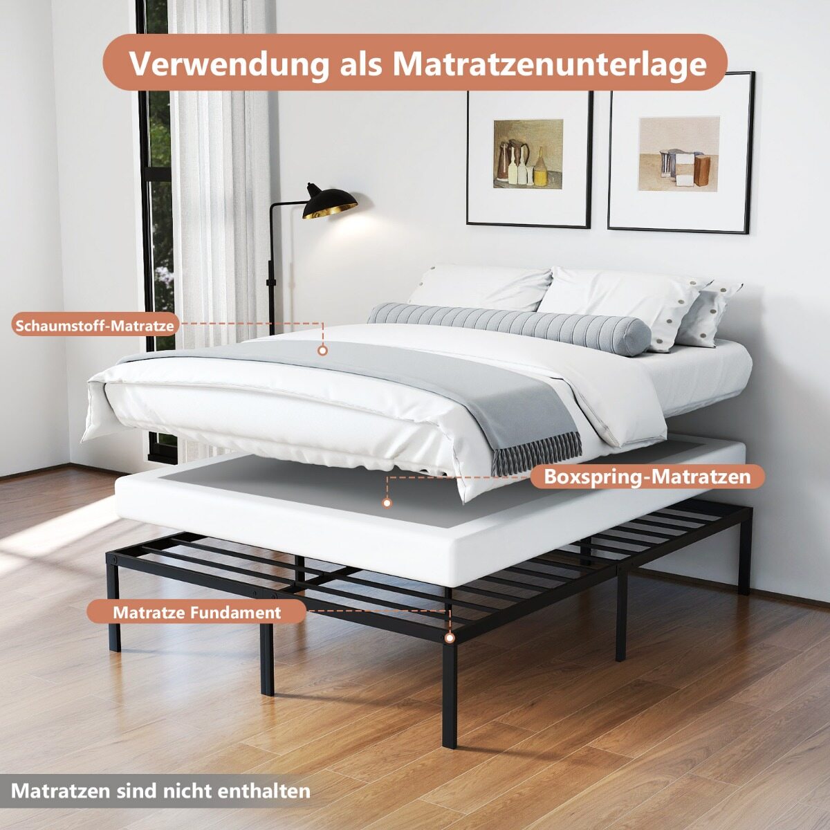 36 cm kõrge kuningasuuruses voodiraamiga, metallplatvormvoodi liistudega, voodi all panipaigaga, madratsi alus, must