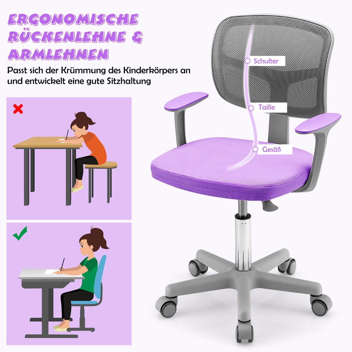 Lastele mõeldud arvutitool reguleeritava kõrgusega, nimmetoega koju, kooli, kontorisse - lilla