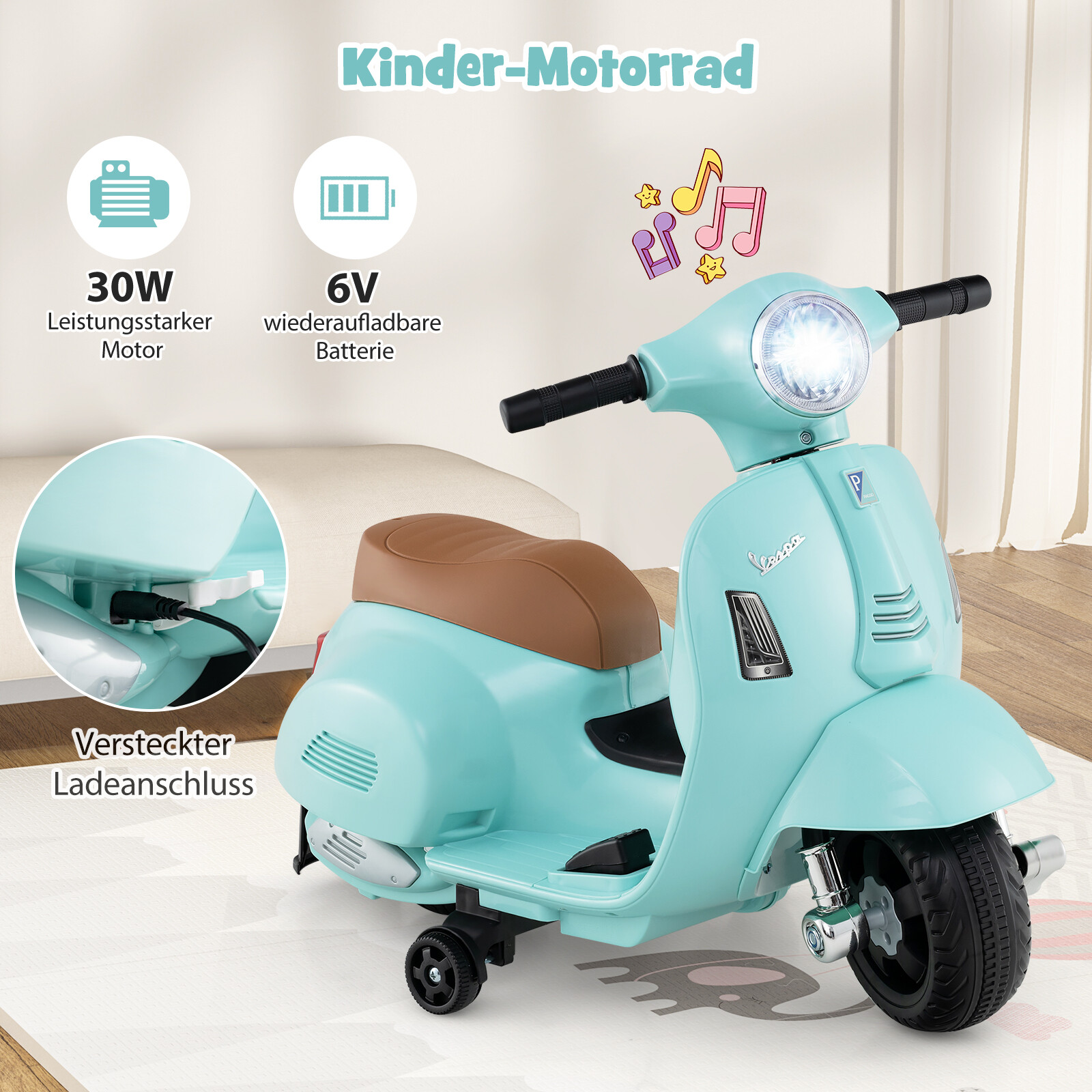 Litsentseeritud Vespa laste elektrimootorratas 6 V akutoitel mootorratas LED-esitulega sinine