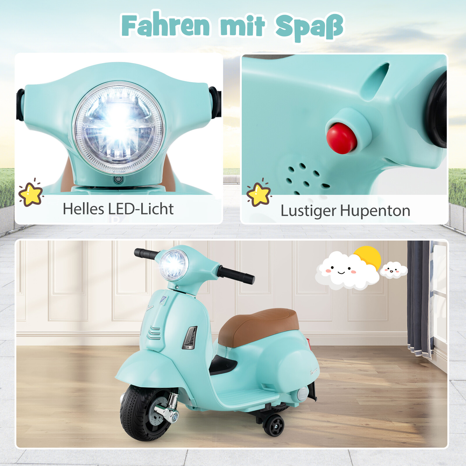 Litsentseeritud Vespa laste elektrimootorratas 6 V akutoitel mootorratas LED-esitulega sinine