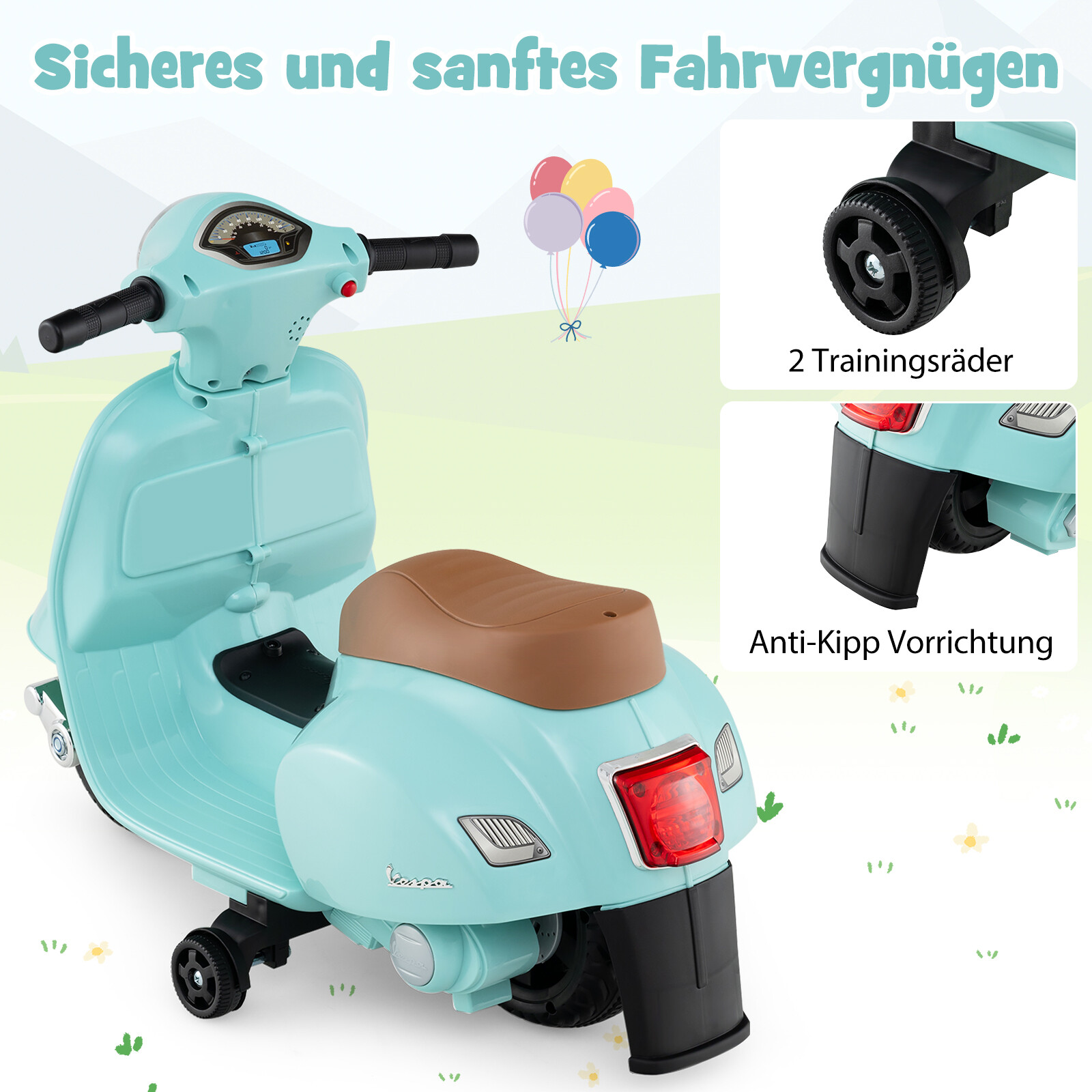 Litsentseeritud Vespa laste elektrimootorratas 6 V akutoitel mootorratas LED-esitulega sinine
