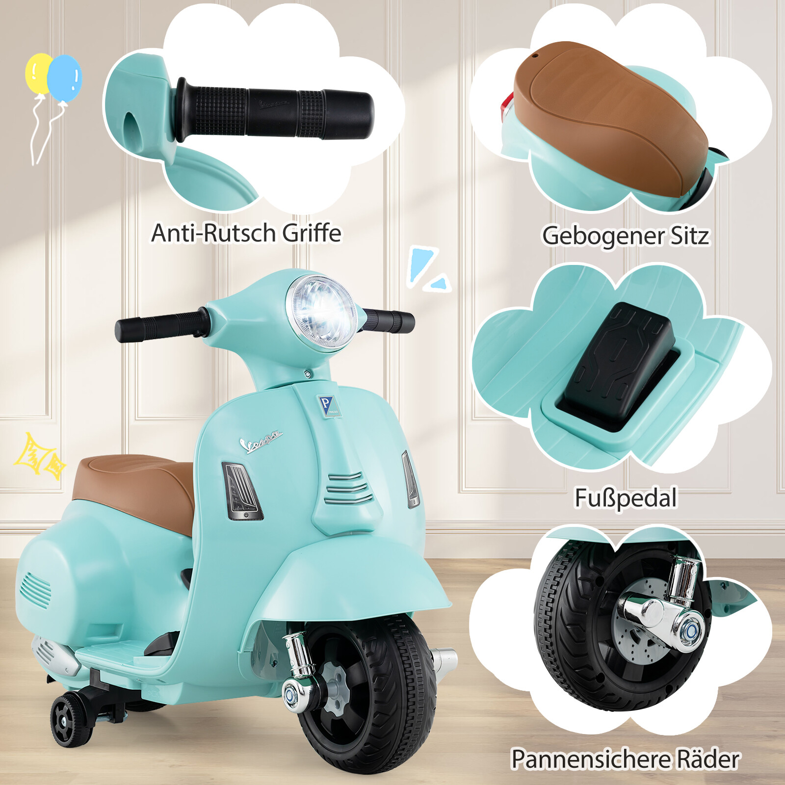 Litsentseeritud Vespa laste elektrimootorratas 6 V akutoitel mootorratas LED-esitulega sinine