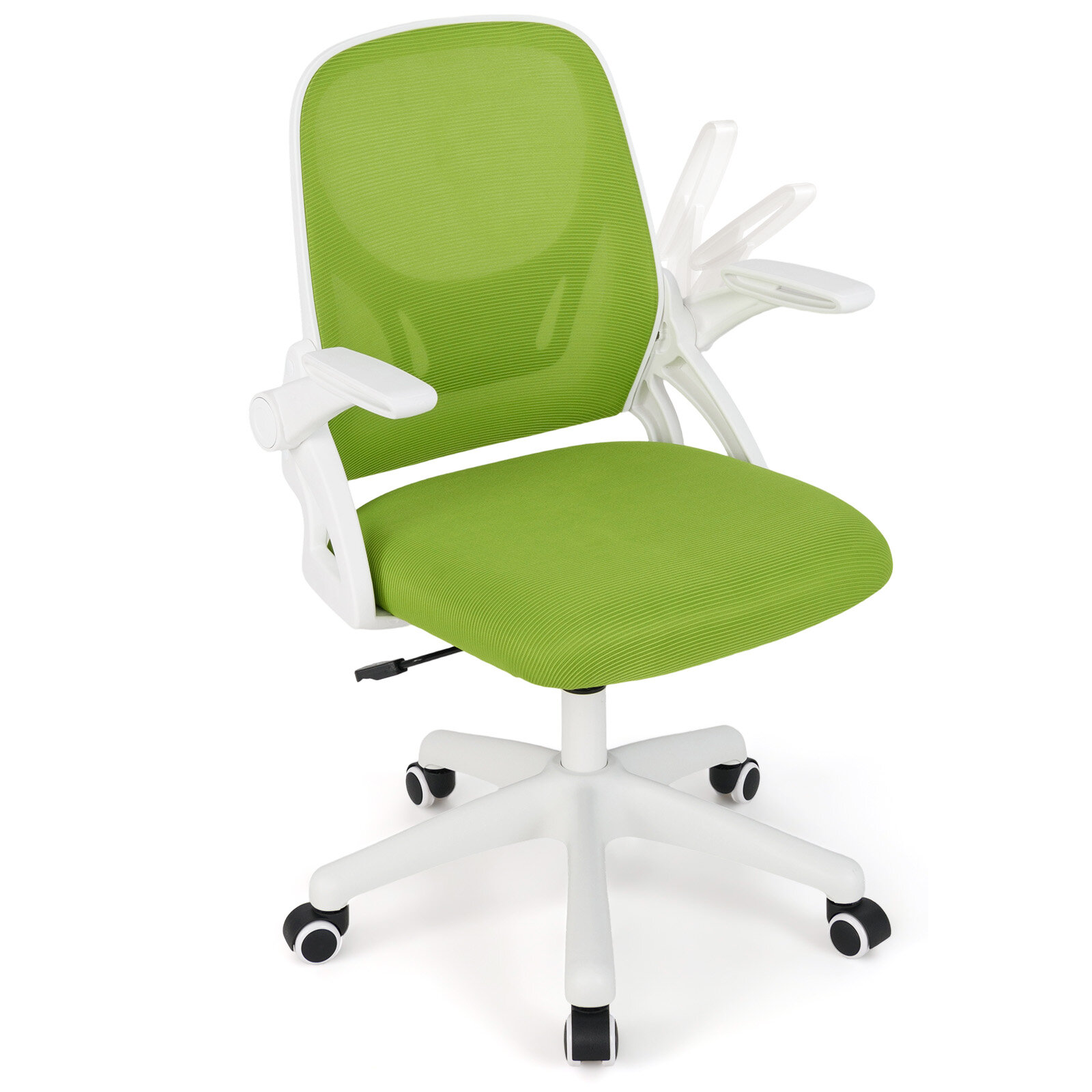 Ergonoomiline kontoritool ülespööratavate käetugede ja kiikfunktsiooniga. Roheline lauatool.