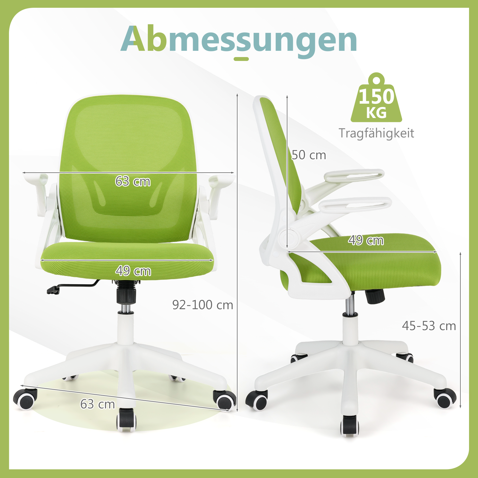 Ergonoomiline kontoritool ülespööratavate käetugede ja kiikfunktsiooniga. Roheline lauatool.