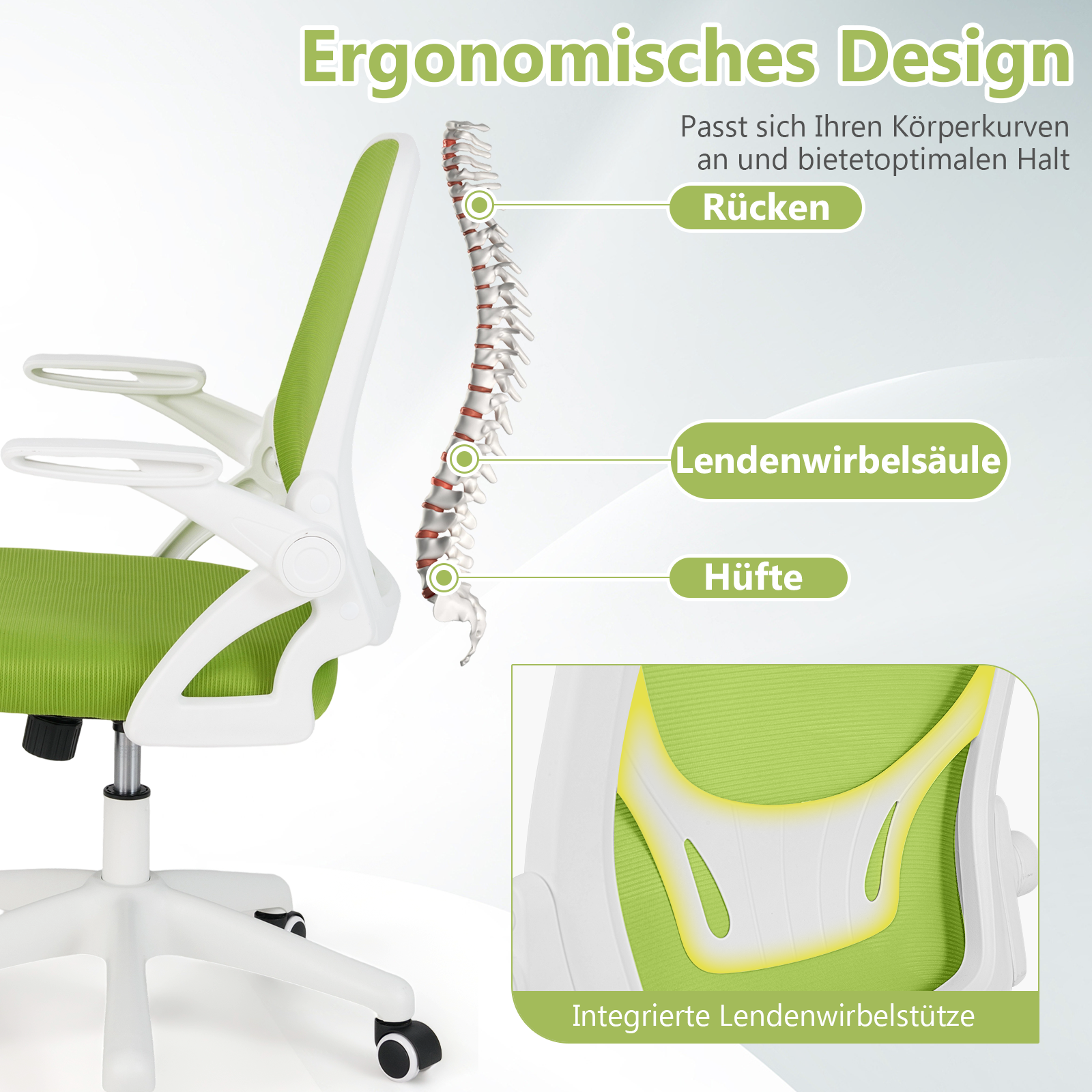 Ergonoomiline kontoritool ülespööratavate käetugede ja kiikfunktsiooniga. Roheline lauatool.