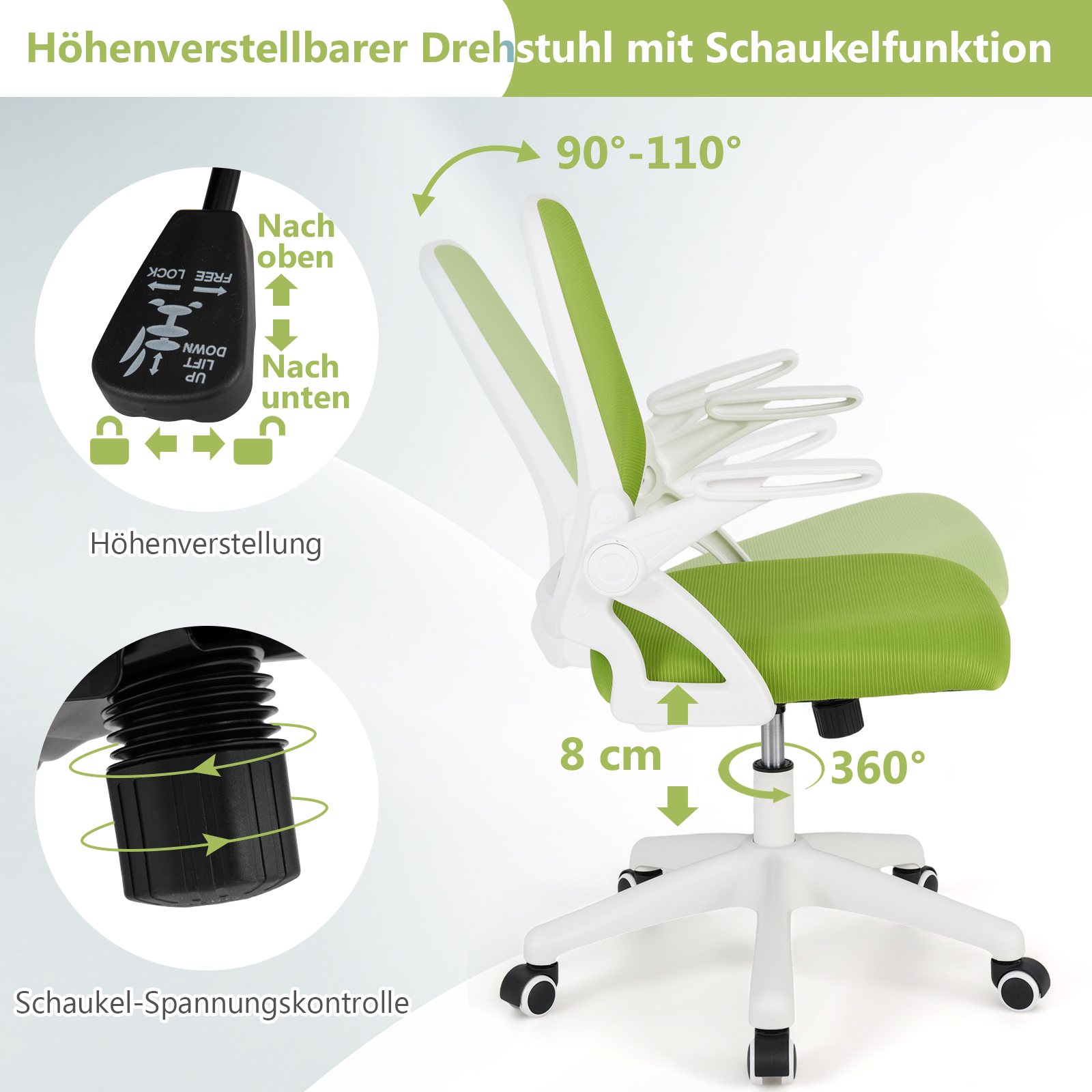 Ergonoomiline kontoritool ülespööratavate käetugede ja kiikfunktsiooniga. Roheline lauatool.