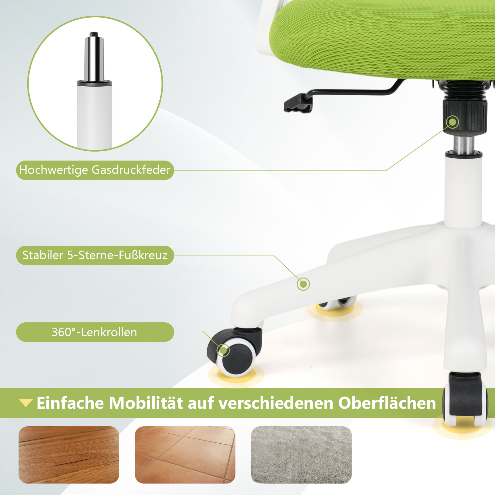 Ergonoomiline kontoritool ülespööratavate käetugede ja kiikfunktsiooniga. Roheline lauatool.