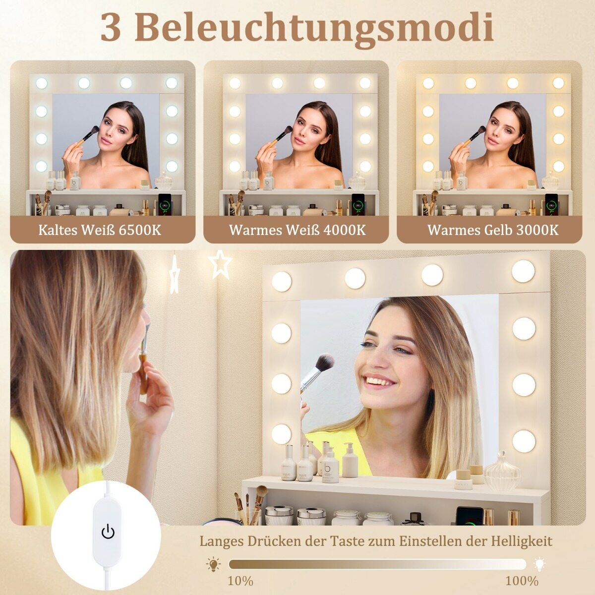 Tualettlaud peegli ja tuledega, meigilaud 3 valgusrežiimi ja reguleeritava heledusega, valge