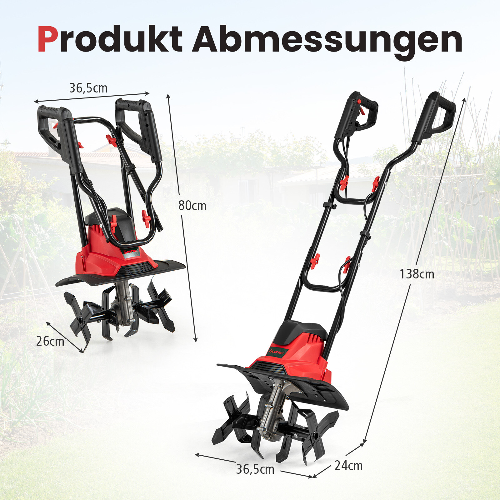 Elektriline mullafrees 1200 W | Töölaius 36 cm | Töösügavus 22 cm | Kokkupandav aiafreesiga frees 36,5 x 24 x 138 cm, punane