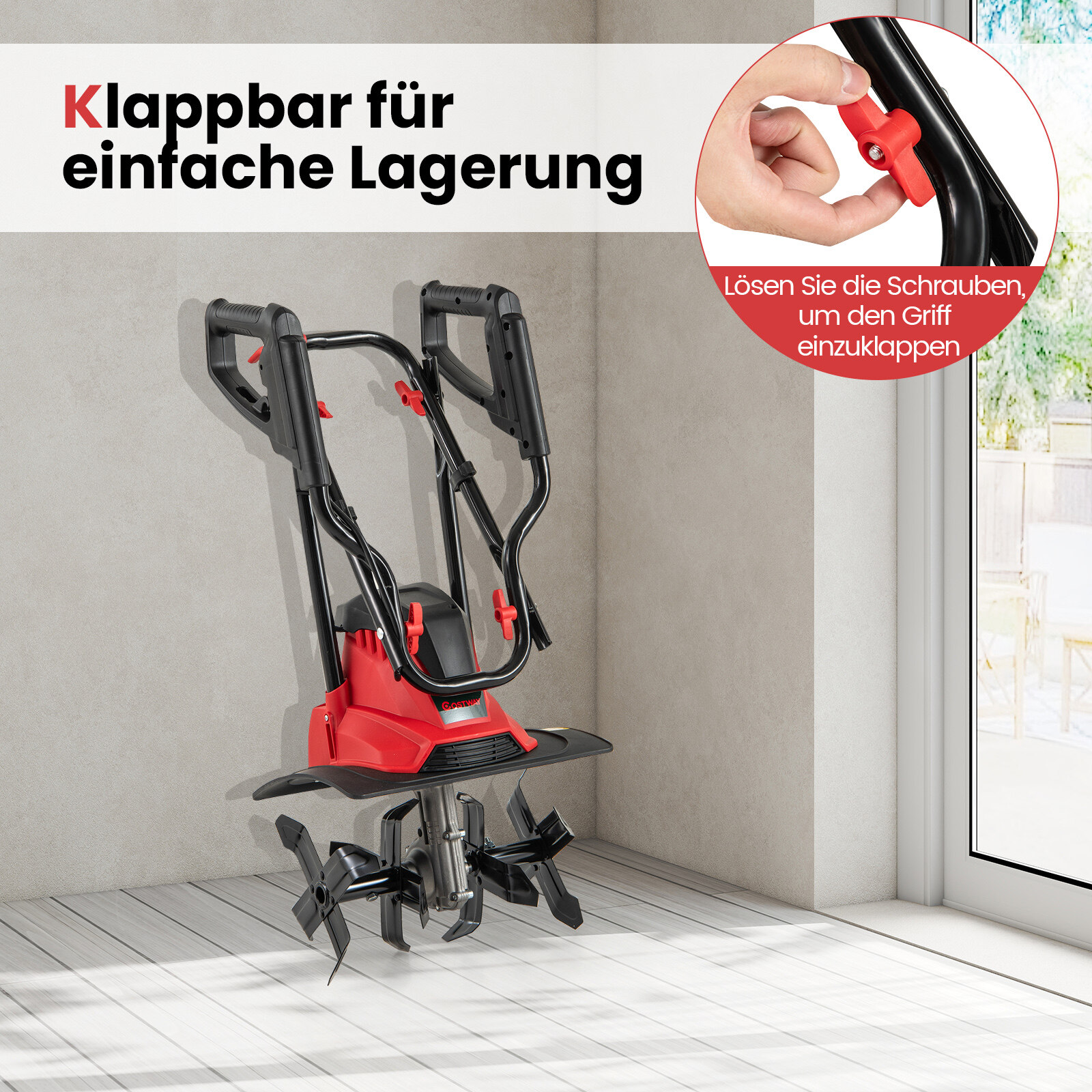 Elektriline mullafrees 1200 W | Töölaius 36 cm | Töösügavus 22 cm | Kokkupandav aiafreesiga frees 36,5 x 24 x 138 cm, punane
