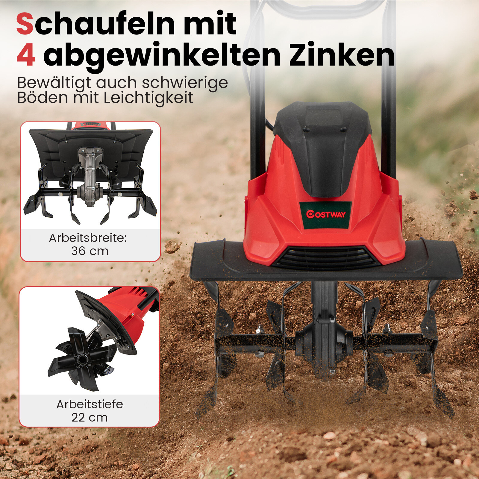 Elektriline mullafrees 1200 W | Töölaius 36 cm | Töösügavus 22 cm | Kokkupandav aiafreesiga frees 36,5 x 24 x 138 cm, punane
