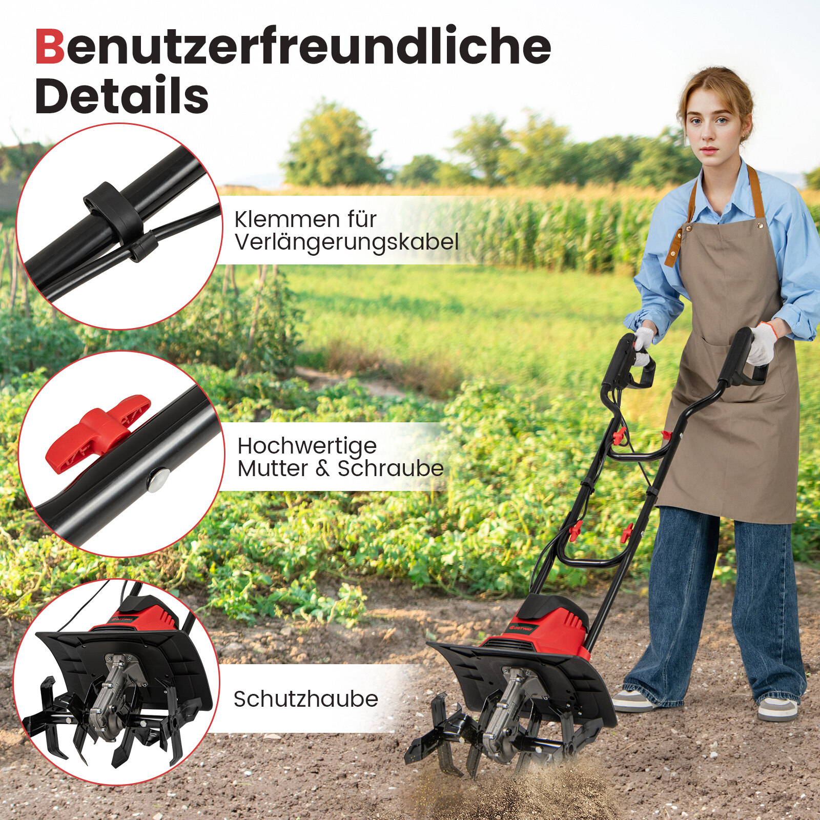 Elektriline mullafrees 1200 W | Töölaius 36 cm | Töösügavus 22 cm | Kokkupandav aiafreesiga frees 36,5 x 24 x 138 cm, punane