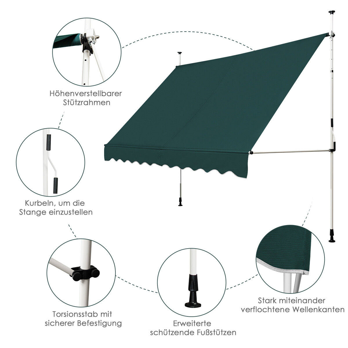 Klambriga varikatus 300 cm laiune rõdu varikatus ilma puurimiseta, UV-kindel, kõrgusega reguleeritav, roheline