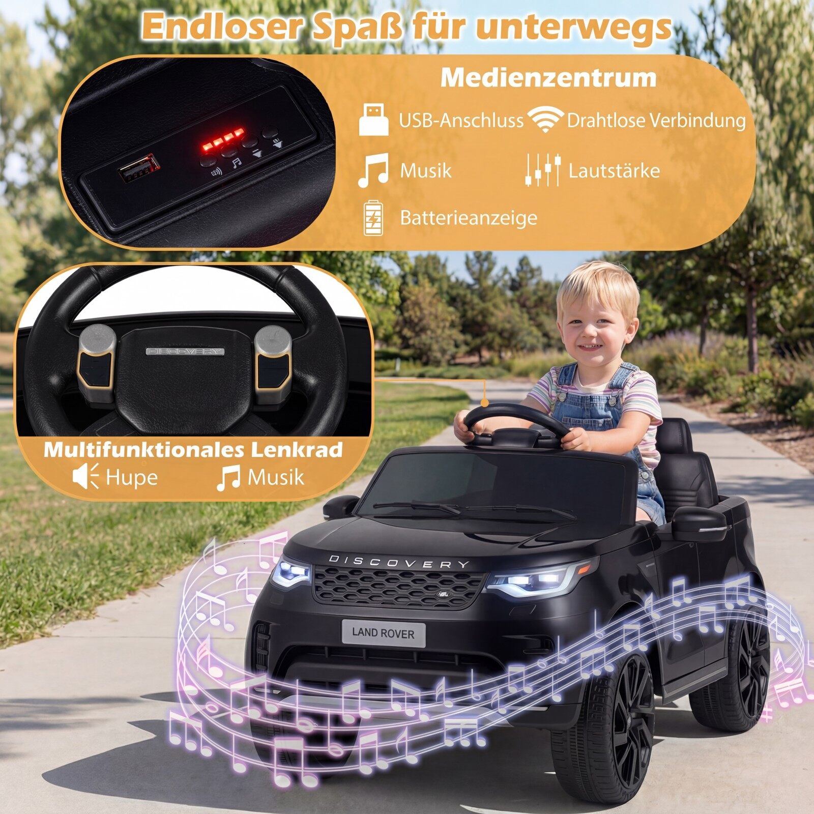 12 V Land Rover laste elektriauto vedrustusega LED-muusika juhtmevaba lastele alates 3. eluaastast must