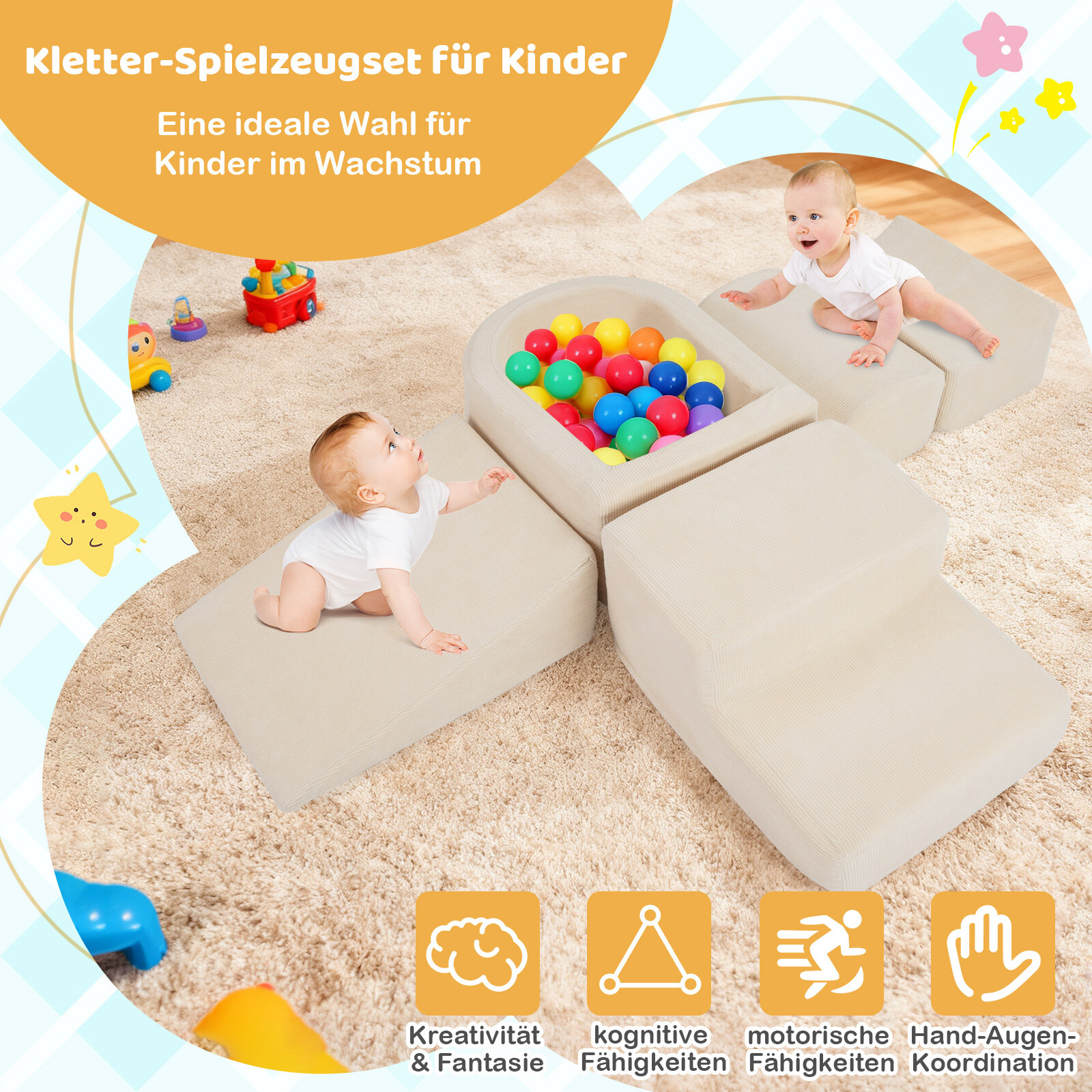5 vahtplastist ehitusklotsi komplekt pallibasseini ja velvetist katetega, ronimisklotsid, mänguklotsid, beež