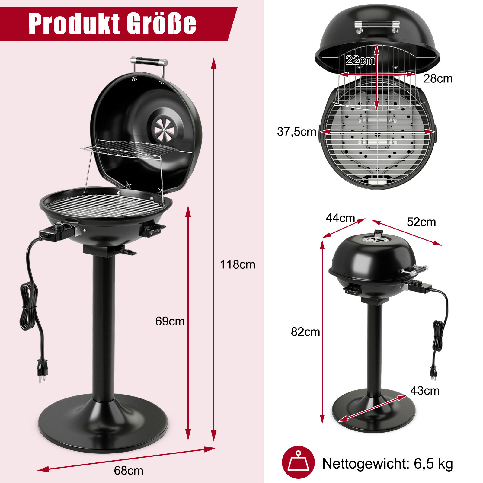 Elektriline BBQ-grill, kaasaskantav alusgrill eemaldatava mittenakkuva soojendusrestiga, must
