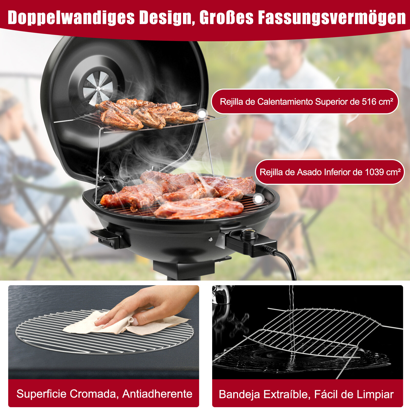 Elektriline BBQ-grill, kaasaskantav alusgrill eemaldatava mittenakkuva soojendusrestiga, must