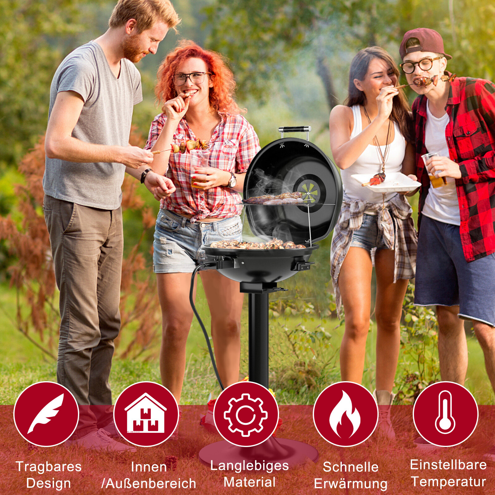 Elektriline BBQ-grill, kaasaskantav alusgrill eemaldatava mittenakkuva soojendusrestiga, must