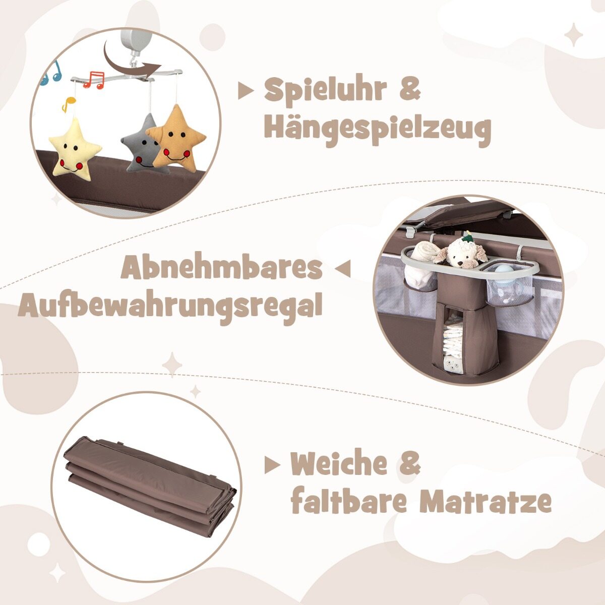 5-ühes kokkupandav reisivoodi madratsiga, 2-tasandiline beebivoodi ratastega, pruun