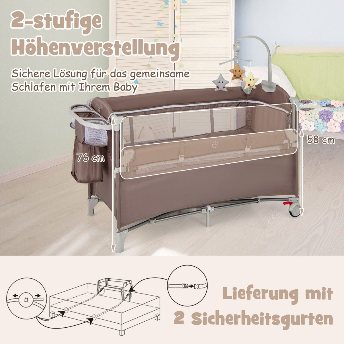 5-ühes kokkupandav reisivoodi madratsiga, 2-tasandiline beebivoodi ratastega, pruun