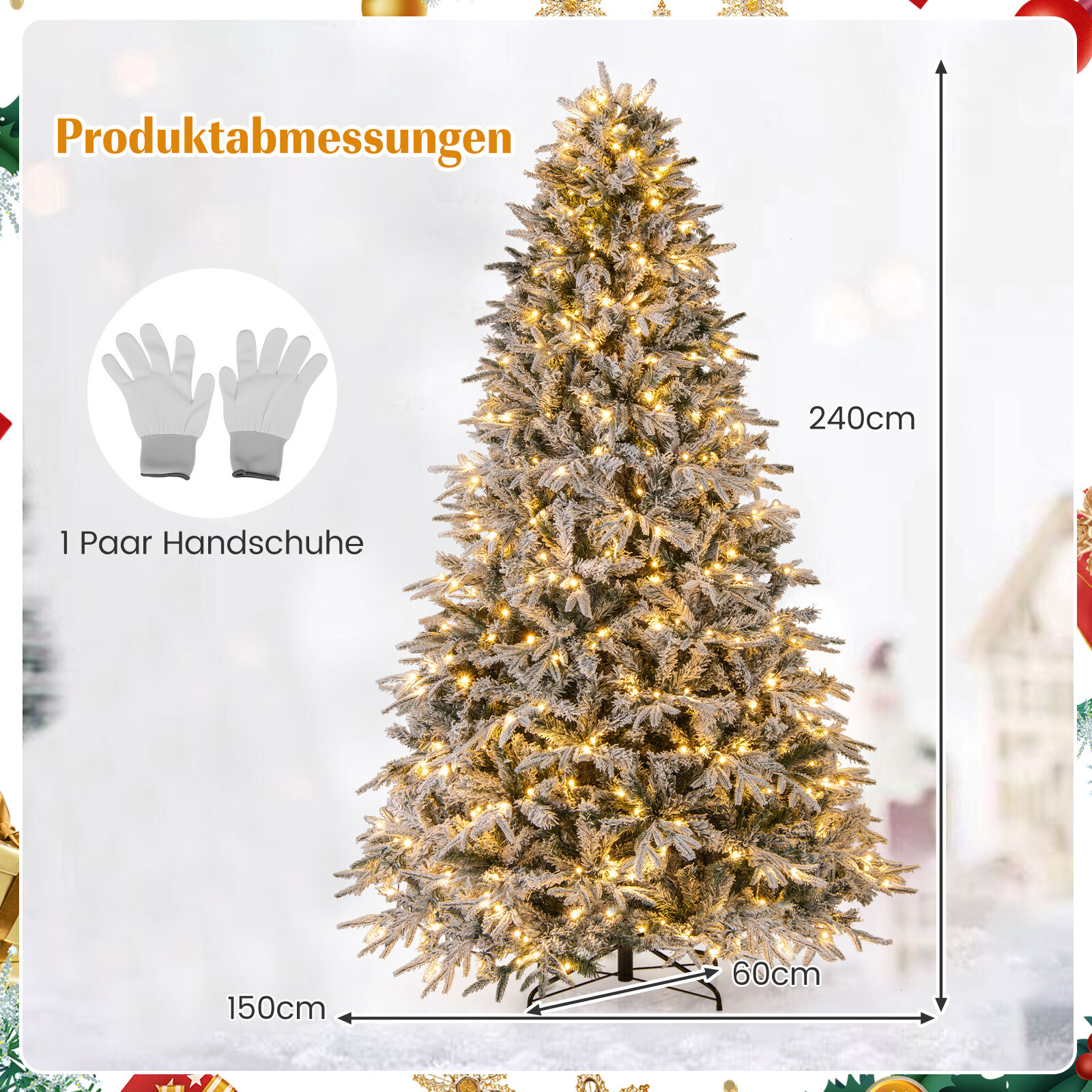 240 cm kunstkuusk tulede ja lumega, kuusepuu, kunstkuusk