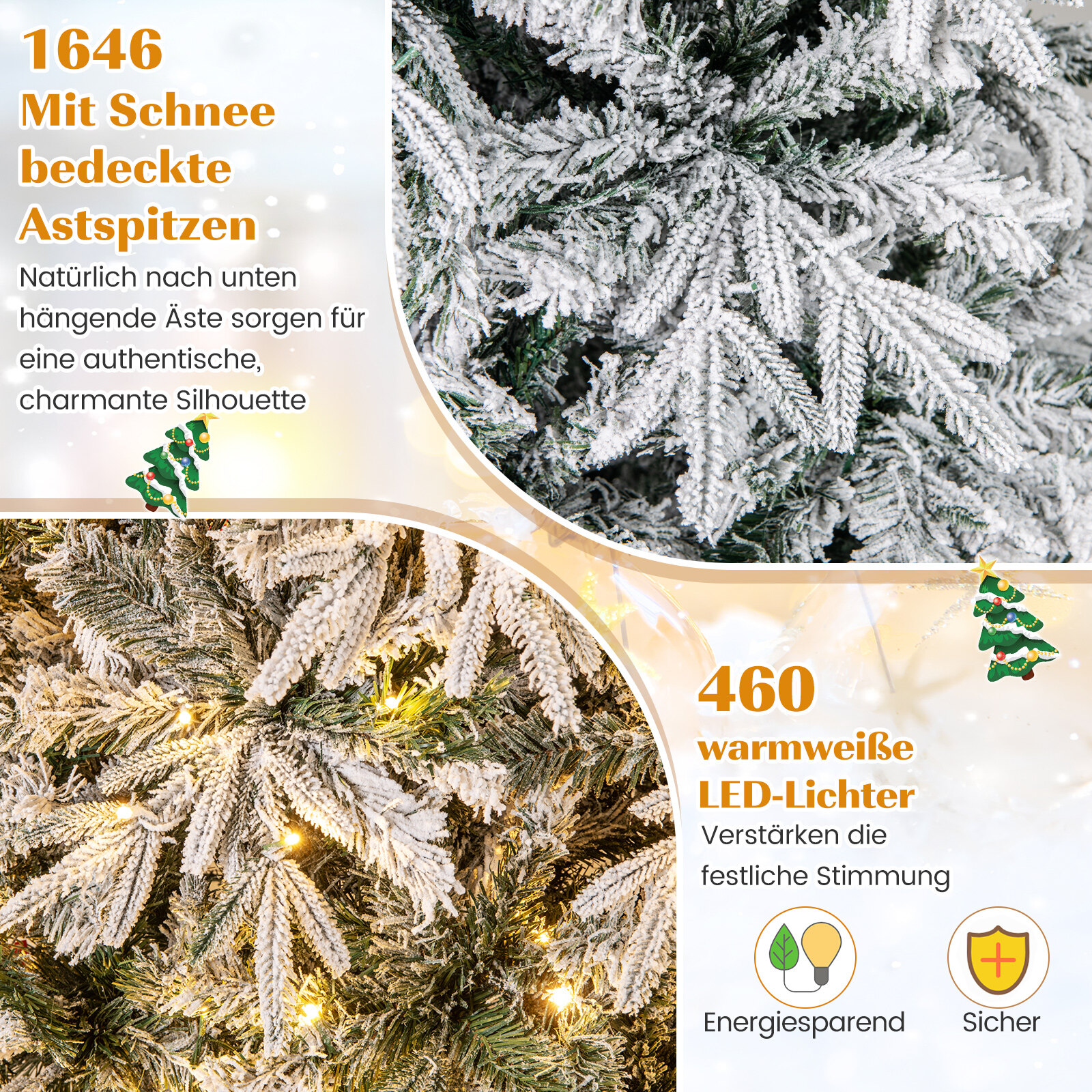 240 cm kunstkuusk tulede ja lumega, kuusepuu, kunstkuusk