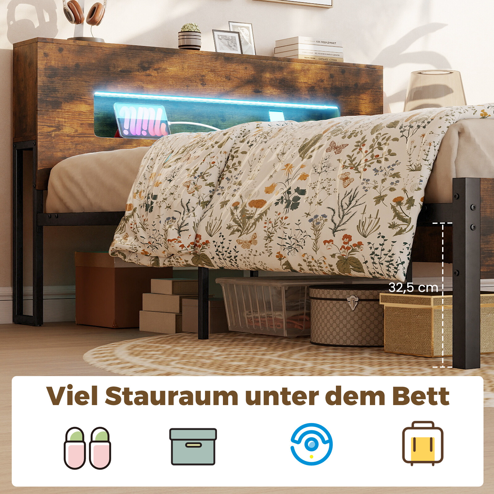 LED-tuledega voodiraam, tööstuslik platvormvoodi panipaigaga peatsiga, 200 x 140 cm, maalähedane pruun