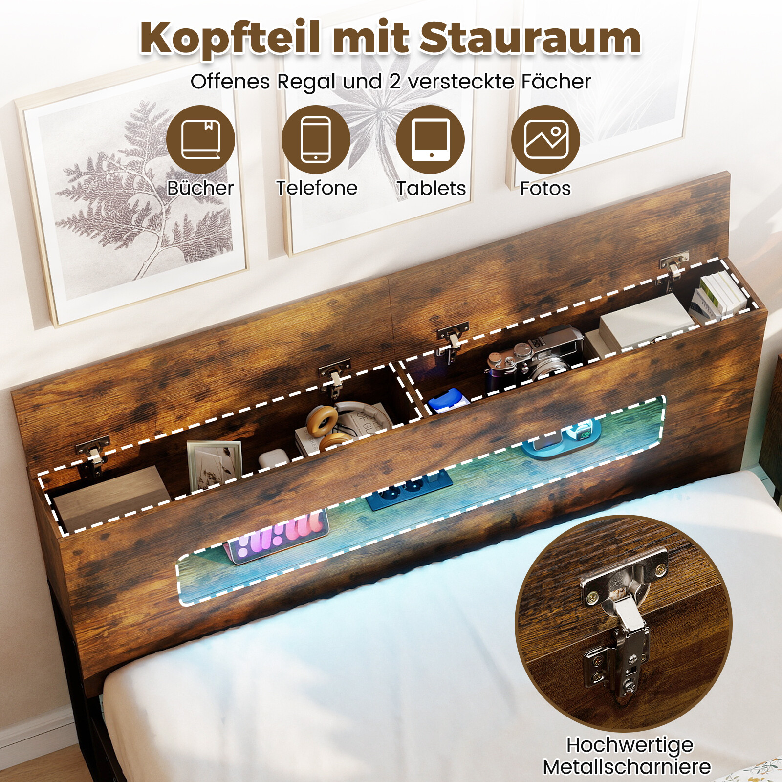 LED-tuledega voodiraam, tööstuslik platvormvoodi panipaigaga peatsiga, 200 x 140 cm, maalähedane pruun