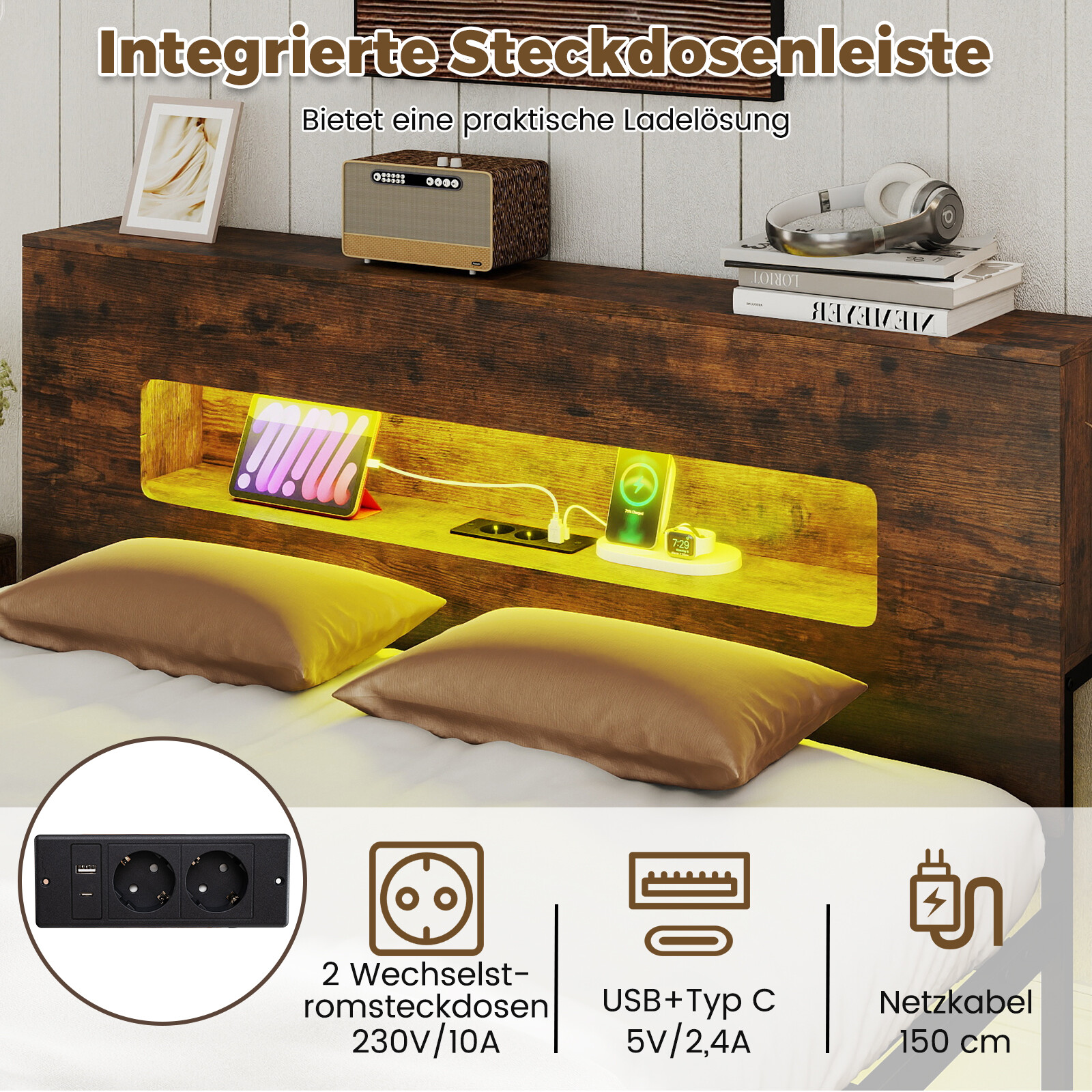 LED-tuledega voodiraam, tööstuslik platvormvoodi panipaigaga peatsiga, 200 x 140 cm, maalähedane pruun
