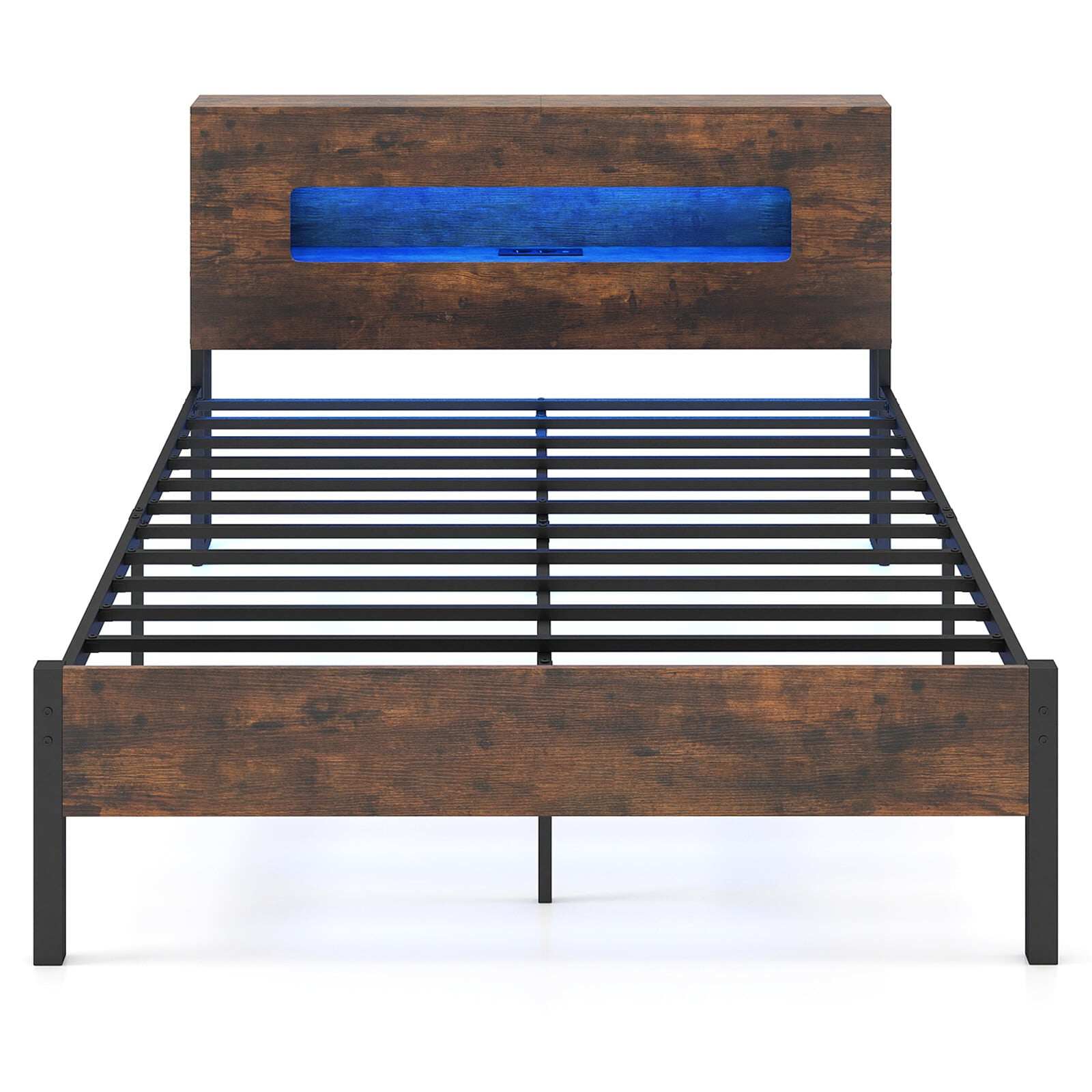 LED-tuledega voodiraam, tööstuslik platvormvoodi panipaigaga peatsiga, 200 x 140 cm, maalähedane pruun
