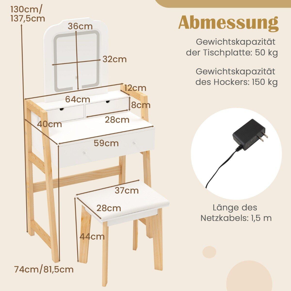 Puidust tualettlaud tabureti, peegli ja 3 sahtliga, 64 x 41 x 137 cm, valge