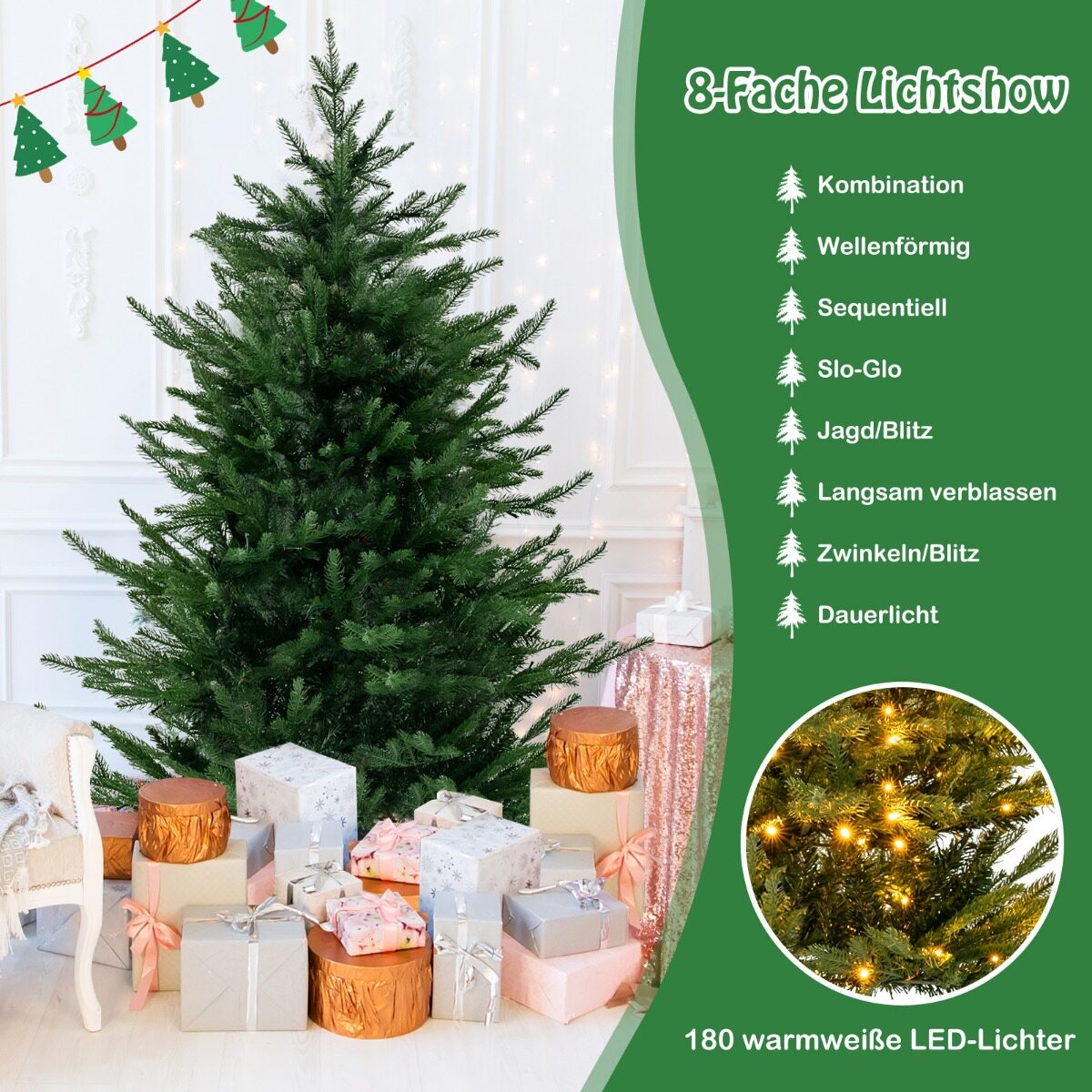 136 cm kunstkuusk tulede ja 180 sooja valge LED-tulega