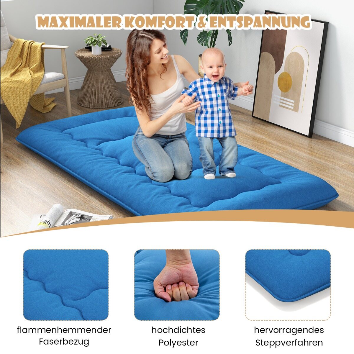 90 x 200 cm Jaapani futon madrats pestava kattega ja kandekotiga, sinine tatamimatt