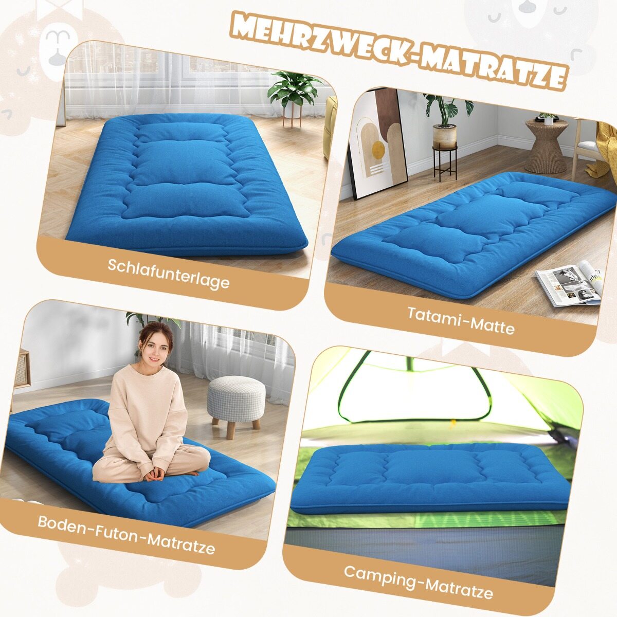 90 x 200 cm Jaapani futon madrats pestava kattega ja kandekotiga, sinine tatamimatt