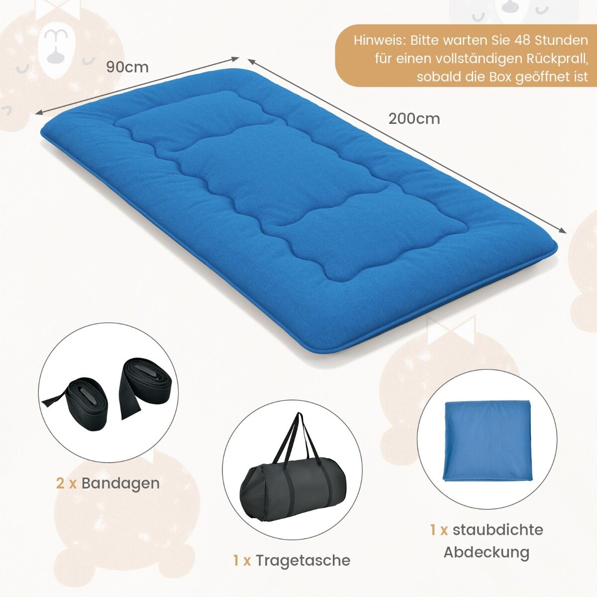 90 x 200 cm Jaapani futon madrats pestava kattega ja kandekotiga, sinine tatamimatt