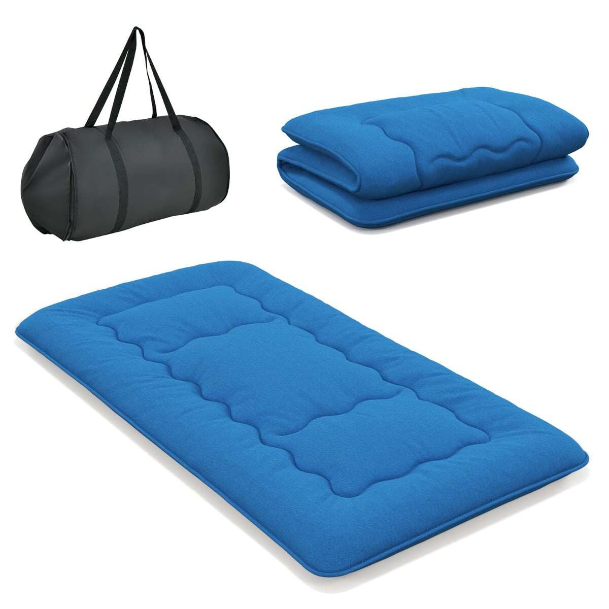90 x 200 cm Jaapani futon madrats pestava kattega ja kandekotiga, sinine tatamimatt