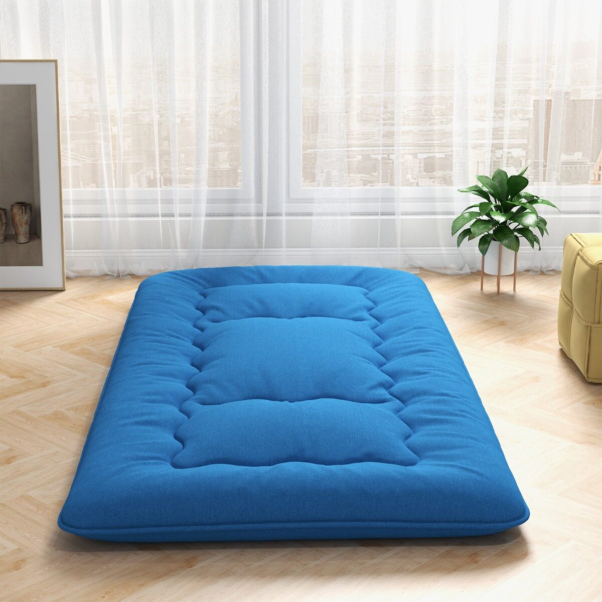 90 x 200 cm Jaapani futon madrats pestava kattega ja kandekotiga, sinine tatamimatt