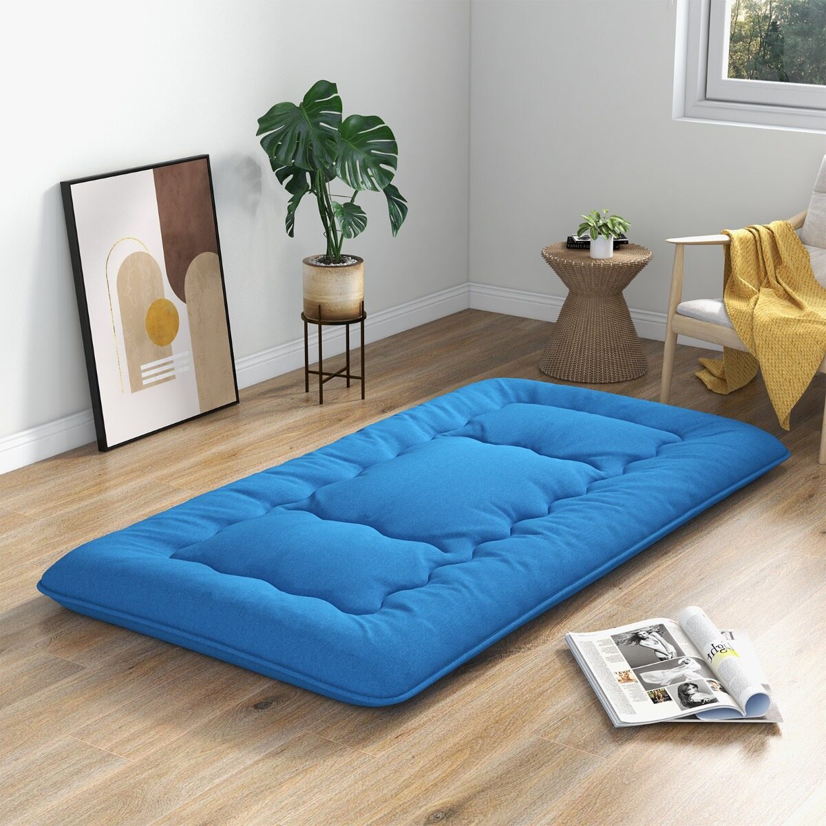 90 x 200 cm Jaapani futon madrats pestava kattega ja kandekotiga, sinine tatamimatt